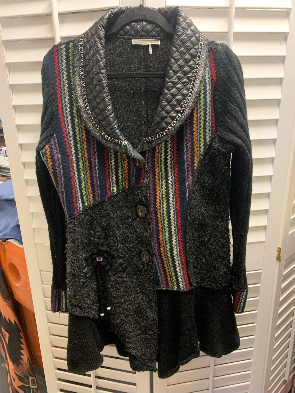 Quilt-Trim Black Cardigan with Multicolor Stripe Panels